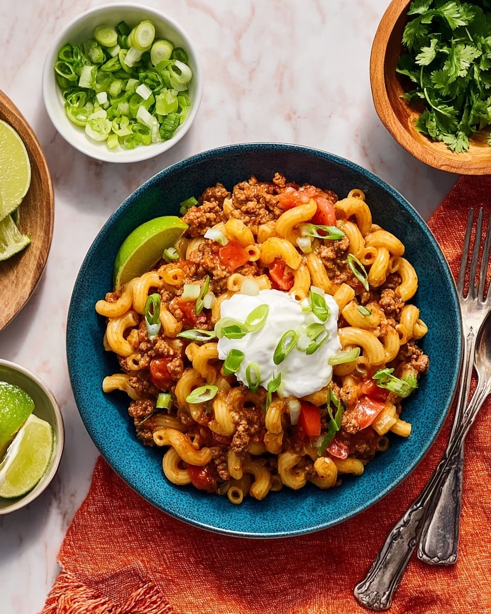 A blue bowl filled with three main layers: at the bottom, cooked elbow macaroni mixed with chunky ground meat and small red tomato pieces creating a rich, textured base; in the middle, a dollop of creamy white sour cream sits slightly off-center on top; scattered throughout and on top of the dish are green sliced spring onions adding pops of fresh green color; a lime wedge rests near the sour cream, adding a bright yellow-green accent. The bowl is on a soft white marbled surface, with a small white bowl of chopped spring onions above to the left and a wooden bowl with lime wedges and cilantro above to the right, alongside an orange cloth napkin and silver fork and spoon placed next to the bowl photo taken with an iphone --ar 4:5 --v 7
