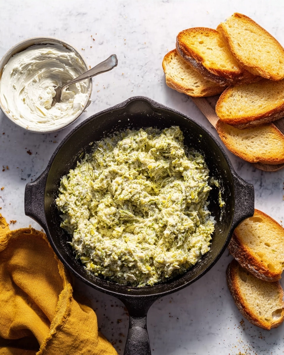 A black cast iron pan filled with a chunky, pale green mixture that looks creamy but with visible bits of herbs or vegetables, sitting in the center of the image; next to the pan on a white marbled surface, there is a small white bowl filled with thick, white creamy spread and a spoon inside it; to the right, several slices of golden toasted bread are stacked partially overlapping; below the bread, a wrinkled mustard yellow cloth napkin is placed casually; the background is a white marbled texture. photo taken with an iphone --ar 4:5 --v 7