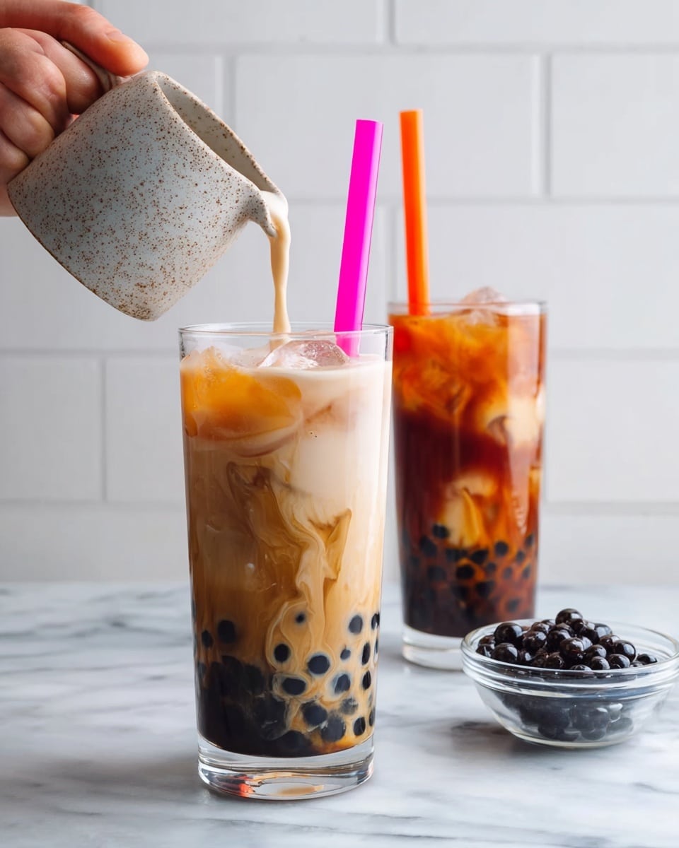 Three tall clear glasses of bubble tea sit on a white marbled surface with a white tiled wall in the background. Each glass has a layer of black tapioca pearls at the bottom. The left and right glasses have a creamy brown tea layer filling the rest of the glass. The middle glass has a bottom layer of black tapioca pearls, a thick dark brown layer, then a swirling mix of light brown and cream on top with ice cubes, creating a marbled effect. Each drink is topped with a colorful straw: yellow on the left, blue in the middle, and pink on the right. In front of the glasses is a small clear bowl filled with black tapioca pearls. All glasses rest on small round wooden coasters. Photo taken with an iphone --ar 4:5 --v 7