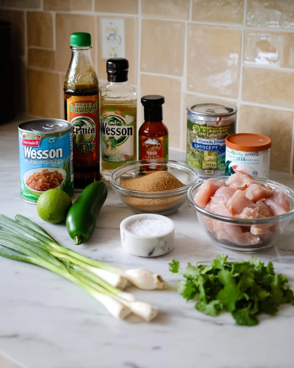 The image shows various cooking ingredients neatly arranged on a white marbled surface. From left to right, there is a whole green jalapeño pepper, a bunch of green onions with white roots, and two garlic cloves placed near the center. Behind these, there’s a small glass bowl filled with brown sugar, a whole lime, a bottle of Wesson vegetable oil, and a small bottle of fish sauce. To the left are a jar of red curry paste and a can of organic coconut milk. On the right side, a clear white bowl contains raw light pink chicken pieces, and next to it lies a bunch of fresh green cilantro. In front of the bowl, a small white marble mortar holds white granulated salt. The background consists of beige tiled walls. Photo taken with an iphone --ar 4:5 --v 7