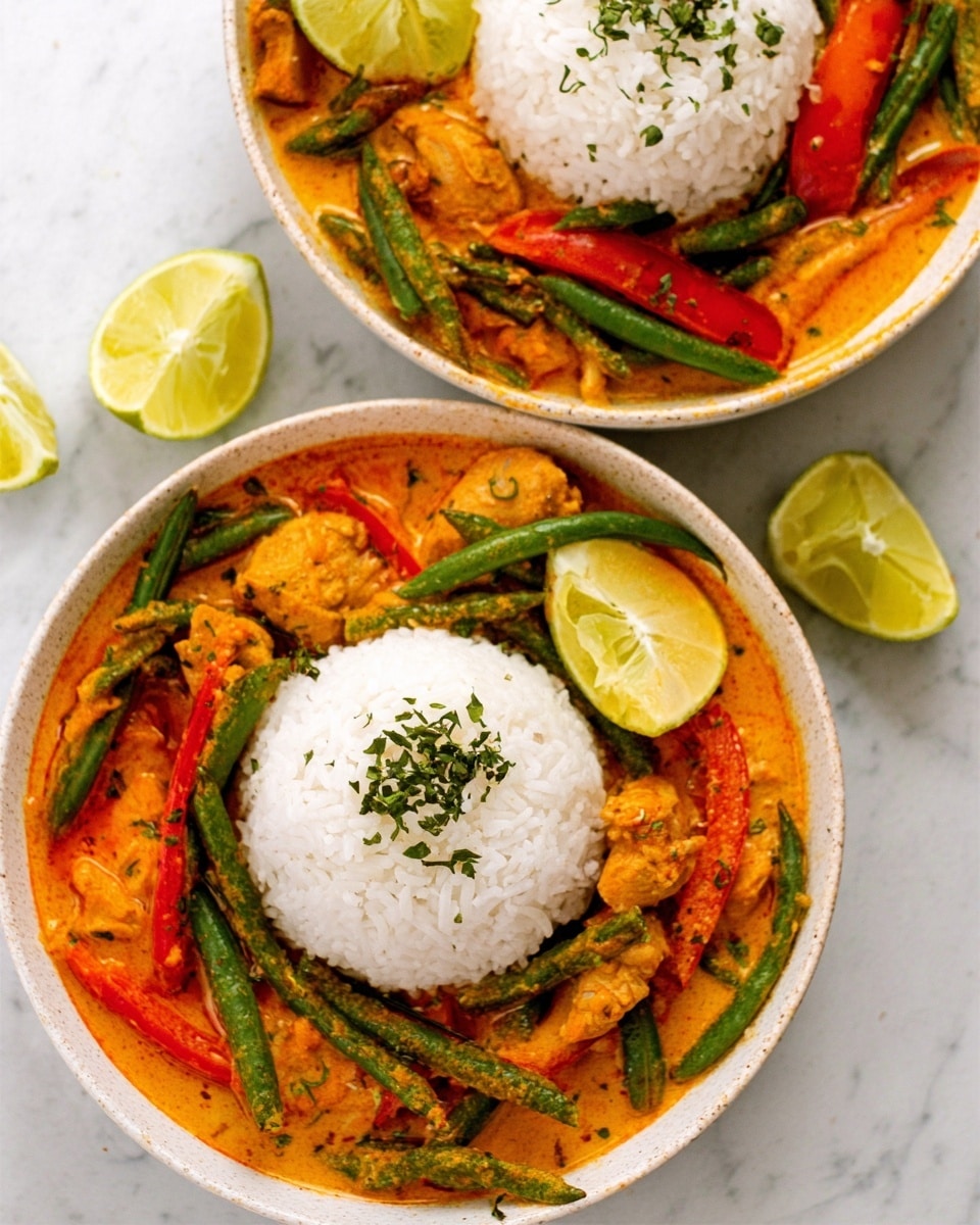Two white bowls are filled with colorful curry dishes on a white marbled surface. Each bowl has a large mound of white rice in the center topped with a small lime wedge and sprinkled with green herbs. Surrounding the rice are thick orange curry sauces mixed with green beans, red bell peppers, and small pieces of chicken. Lime wedges are placed around the bowls for garnish. The textures show creamy sauce, soft rice, and fresh vegetables. photo taken with an iphone --ar 4:5 --v 7