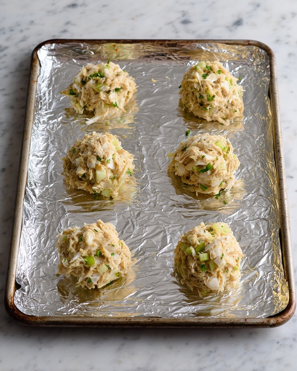 Six round, uneven mounds of crab mixture sit on a foil-lined baking tray. Each mound shows white chunks of crab meat mixed with light beige breadcrumbs and small bits of green herbs and celery. The foil has a shiny, crinkled texture that reflects the light softly. The tray is placed on a white marbled surface, adding a clean, bright background to the scene. The crab mounds look moist and freshly shaped, ready to be baked photo taken with an iphone --ar 4:5 --v 7