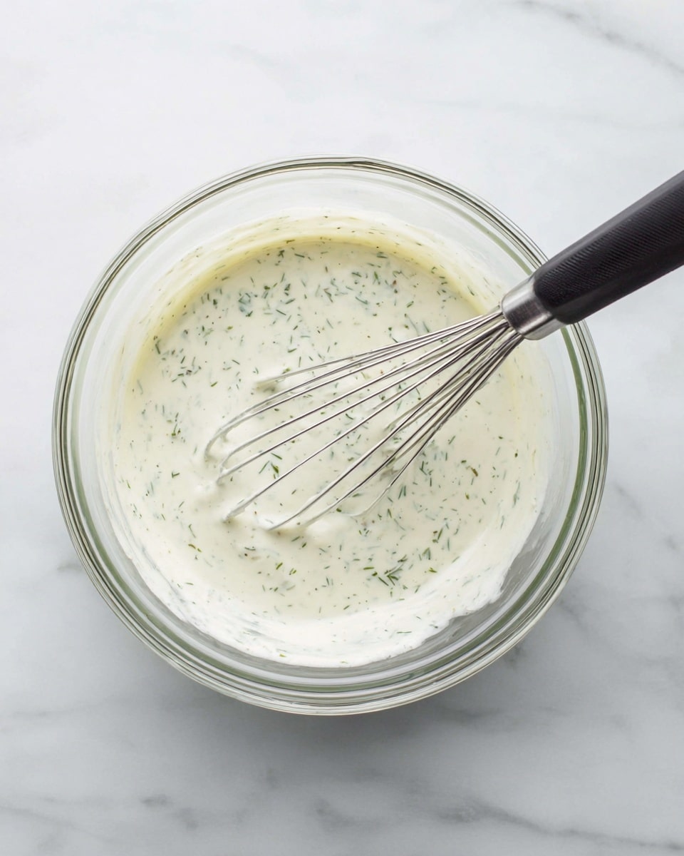A clear glass bowl sits on a white marbled surface, filled with a creamy white sauce speckled with small green herbs evenly spread throughout. A metal whisk with a black handle rests inside the bowl, slightly lifting some of the sauce, showing its smooth and thick texture. The scene is clean and bright, focusing closely on the bowl and its contents, highlighting the sauce's mixed, creamy, and herb-studded appearance photo taken with an iphone --ar 4:5 --v 7