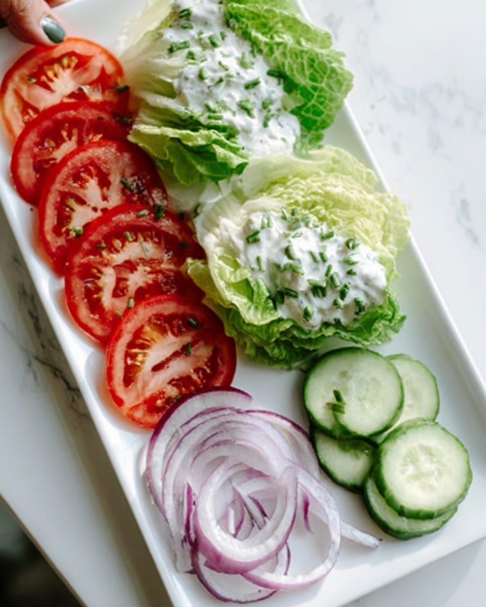 A white rectangular plate holds a fresh salad arranged in neat sections. At the top right are two large green lettuce leaves topped with white creamy dressing and sprinkled with small chopped green herbs. To the left of the lettuce, there are four thick round red tomato slices. Below the tomatoes, thin curved slices of pale purple onion are placed in a small pile. At the plate's bottom right corner are five thin circular slices of light green cucumber. The plate sits on a white marbled surface, and a woman's hand is gently holding the plate on the left side. Photo taken with an iphone --ar 4:5 --v 7