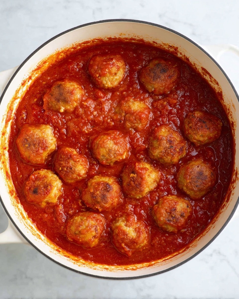 A white round pot filled with a thick red tomato sauce, inside which there are about fifteen golden-brown meatballs. The meatballs are partially covered with sauce and arranged evenly inside the pot. The pot sits on a white marbled surface, and the sauce has a slightly chunky texture with visible small bits of tomato. The edges of the pot have some sauce stains, showing a rich cooking process. photo taken with an iphone --ar 4:5 --v 7