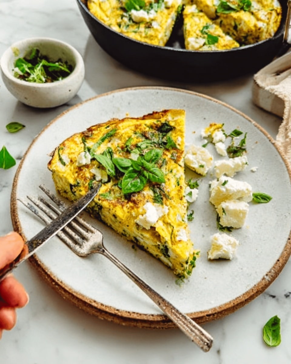 The image shows a white plate with a slice of a thick omelette that has visible green herbs mixed inside. The omelette slice is yellow and slightly browned on the edges with a soft texture. On top, there is some fresh green basil or similar leafy herb scattered loosely. To the right on the plate are small chunks of white cheese. A fork and a knife lie underneath and around the slice with a woman’s hand holding the knife. In the background, there is a black pan with more omelette and small white bowls containing green herbs and cheese on a white marbled surface. The overall look is fresh and rustic. photo taken with an iphone --ar 4:5 --v 7