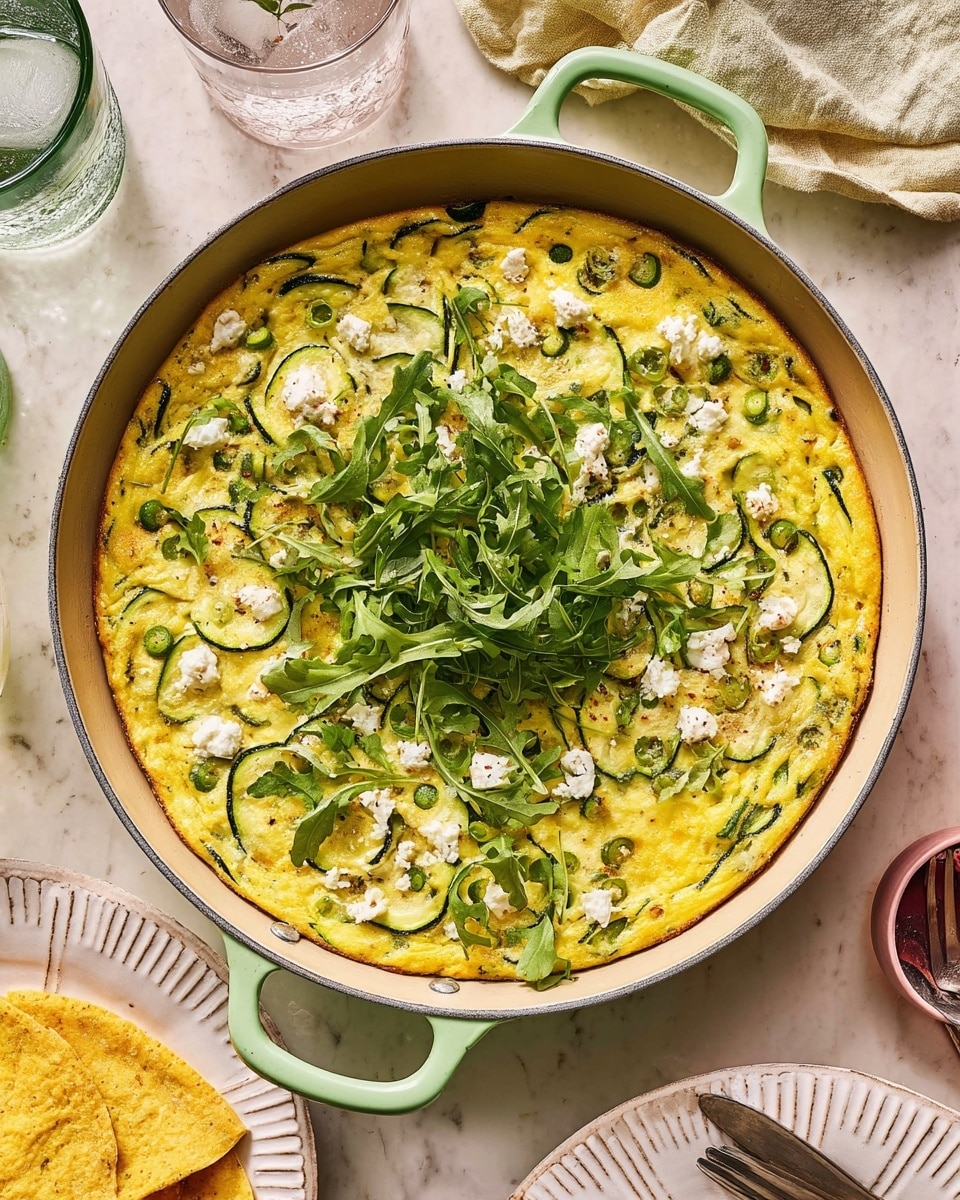 A round frittata sits in a light green pan with two handles, filled with a golden yellow cooked egg base. The frittata has thin slices of green zucchini and small green peas mixed evenly through it. White creamy cheese crumbles are scattered on top, along with fresh green arugula leaves mostly clustered in the center. The pan rests on a white marbled surface, surrounded by a white paper plate, a glass of water with ice, soft yellow tortillas, and a woman’s hand holding a fork and knife near a white plate. Photo taken with an iphone --ar 4:5 --v 7