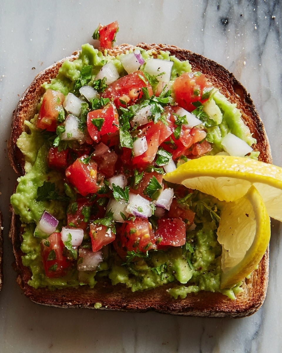 A single slice of toasted bread lies flat, with a thick, uneven layer of green mashed avocado spread on top. On this, a fresh mix of diced red tomatoes, white onions, and green herbs is scattered in a loose pile in the center. A thin, curved lemon slice rests to the side on the avocado mash. The toast is placed on a white marbled surface. photo taken with an iphone --ar 4:5 --v 7