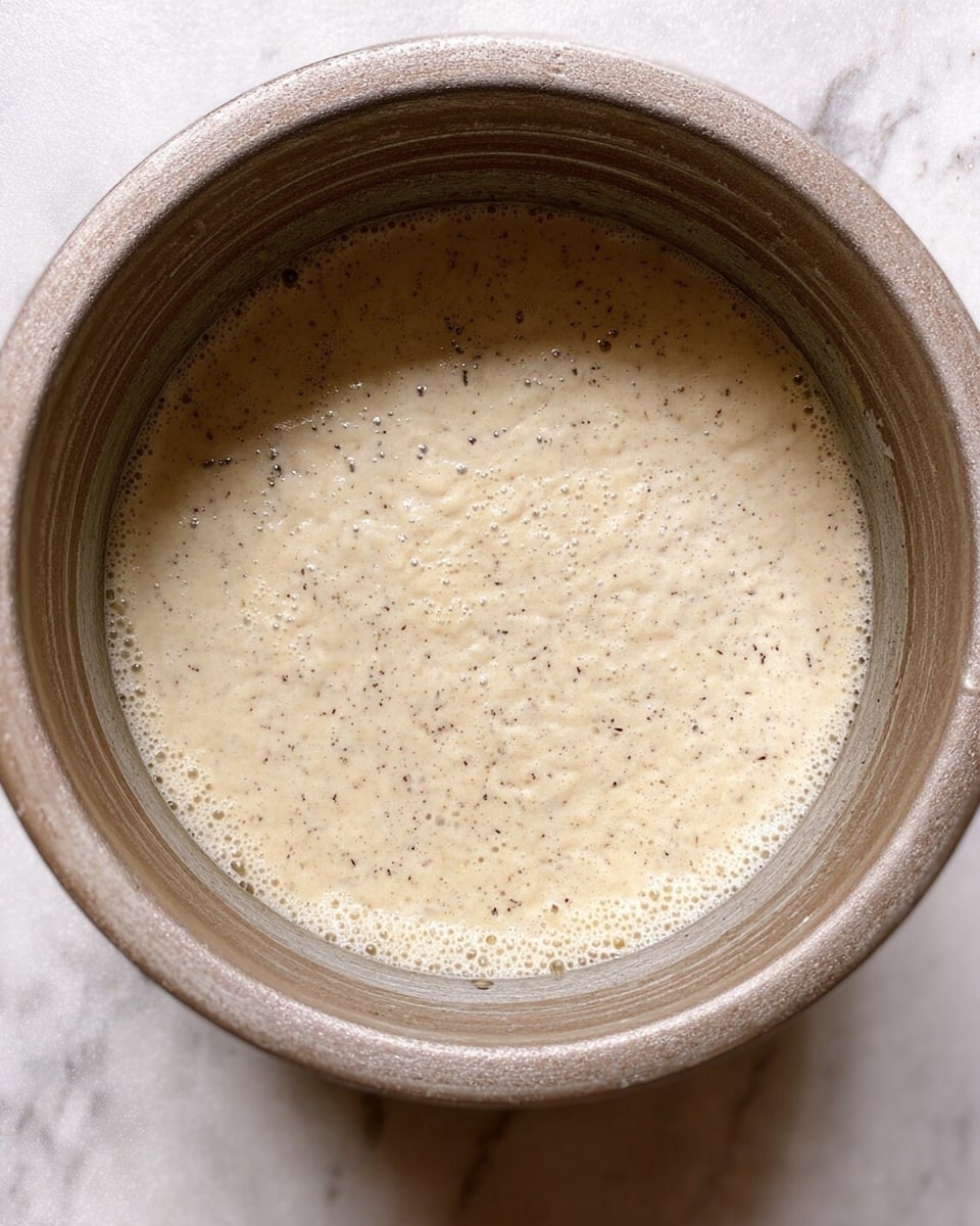 A close-up top view of a large metal bowl containing a thick, bubbly mixture with a pale cream color and small dark specks spread evenly throughout. The surface of the mixture looks slightly frothy and uneven with a wet, soft texture. The inside of the bowl has a worn metal finish with visible circular patterns from stirring. The bowl is set on a white marbled surface. photo taken with an iphone --ar 4:5 --v 7