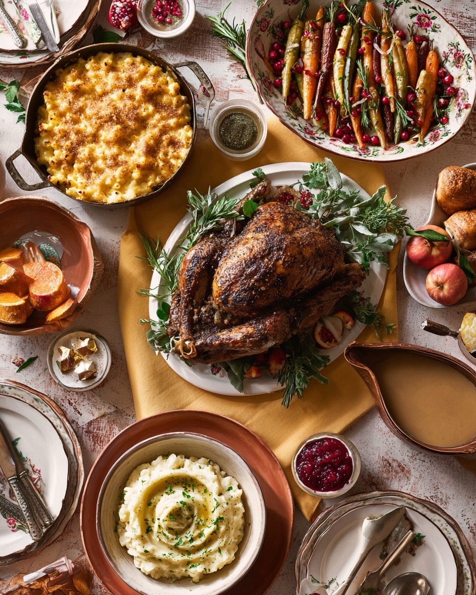 The image shows a full meal spread on a white marbled surface with a warm yellow cloth in the center. In the middle, a whole roasted chicken with a dark brown, crispy skin sits on a white plate, surrounded by green leaves and red pomegranates. Above it, a white floral-patterned bowl holds shiny, roasted multicolored carrots with green tops and a green sauce drizzled on them. To the left, a cast iron pan filled with golden macaroni and cheese with a crispy top layer is visible. Below the chicken, a white bowl contains smooth mashed potatoes swirled with melted butter and sprinkled with green herbs, resting on a terracotta plate. To the right, a white bowl has light brown gravy with black pepper sprinkled on top. A small white dish with reddish cranberry sauce and a silver spoon is placed nearby. Around the edges, white plates with vintage brown floral rims each hold a folded burgundy napkin and silver cutlery. There are also small round white bowls with rolls and condiments scattered around, along with orange persimmons and greenery. Photo taken with an iphone --ar 4:5 --v 7
