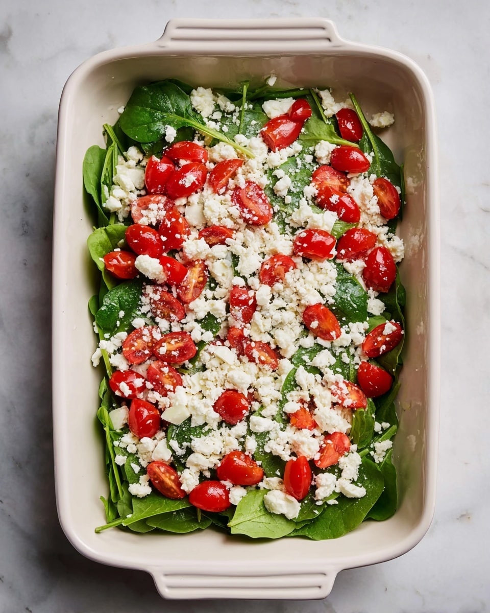 A white rectangular baking dish placed on a white marbled surface holds a fresh layered salad. The bottom layer is bright green spinach leaves scattered evenly, topped with halved red grape tomatoes spread across the spinach. The top layer consists of crumbled white cheese and a light dusting of finely grated white cheese, adding texture and contrast to the vivid colors of the vegetables. Photo taken with an iphone --ar 4:5 --v 7