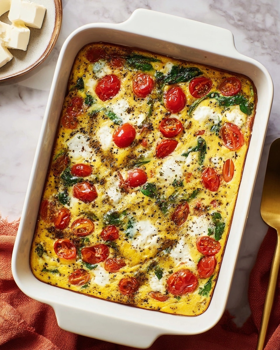 A white baking dish filled with a baked egg casserole that has a golden-yellow egg base speckled with black pepper and herbs. Bright red cherry tomatoes are evenly spread throughout, some slightly sunk into the eggs, adding a fresh pop of color. Green leafy spinach leaves are scattered across the top, providing contrast against the yellow eggs and red tomatoes. White patches of melted cheese are melted unevenly with a creamy texture, blending with the egg mixture. The dish sits on a white marbled surface with a gold serving spatula and a rust-colored cloth napkin nearby, and a small plate with white cheese pieces in the background. Photo taken with an iphone --ar 4:5 --v 7
