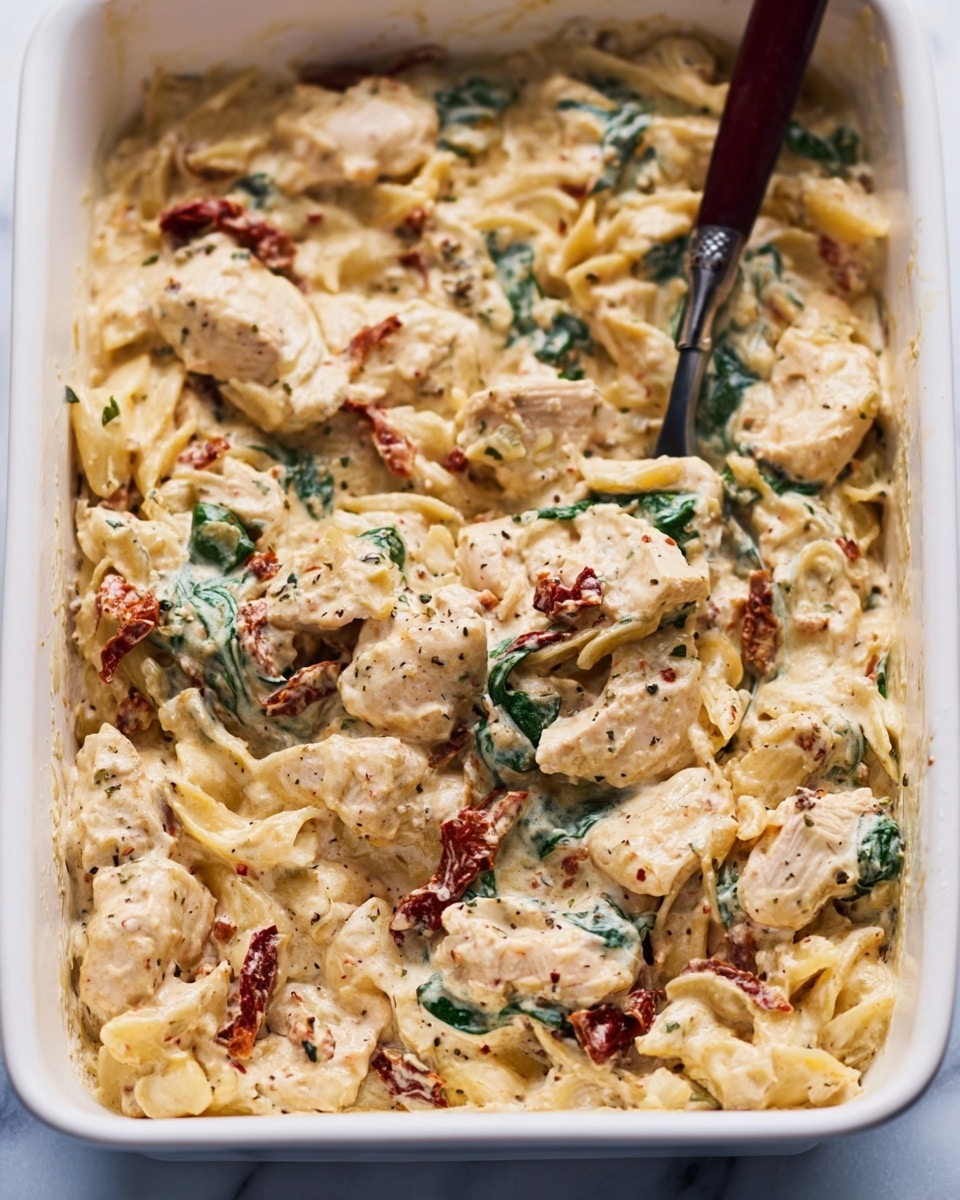 The image shows a creamy baked pasta dish in a white baking dish placed on a white marbled surface. The dish has three main layers visible: tender chunks of light beige chicken pieces scattered throughout, cooked pasta with a yellow hue that appears soft and plump, and fresh dark green spinach leaves mixed evenly. There are also pieces of sun-dried tomatoes with a deep red color adding spots of brightness. The creamy sauce binds the ingredients together and is pale beige with specks of black pepper and herbs, giving the whole dish a rich, smooth texture. A fork with a dark red handle is partially dipped into the dish on the right side. Photo taken with an iphone --ar 4:5 --v 7