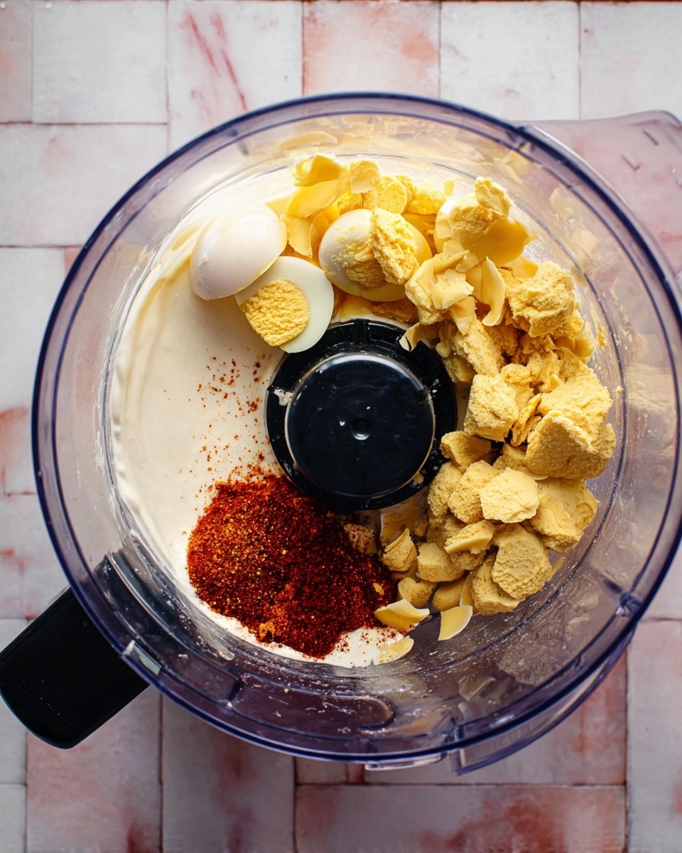 A clear food processor bowl is shown from above on a white marbled surface. Inside, there are three main layers: on the bottom right, there is a small amount of bright red spice powder; on the bottom left, a creamy white sauce or yogurt; and covering most of the center and right side are yellowish brown pieces of hard-boiled egg yolks and some egg whites, cracked into chunks. The sharp black blade is visible in the middle of the bowl, surrounded by the ingredients photo taken with an iphone --ar 4:5 --v 7