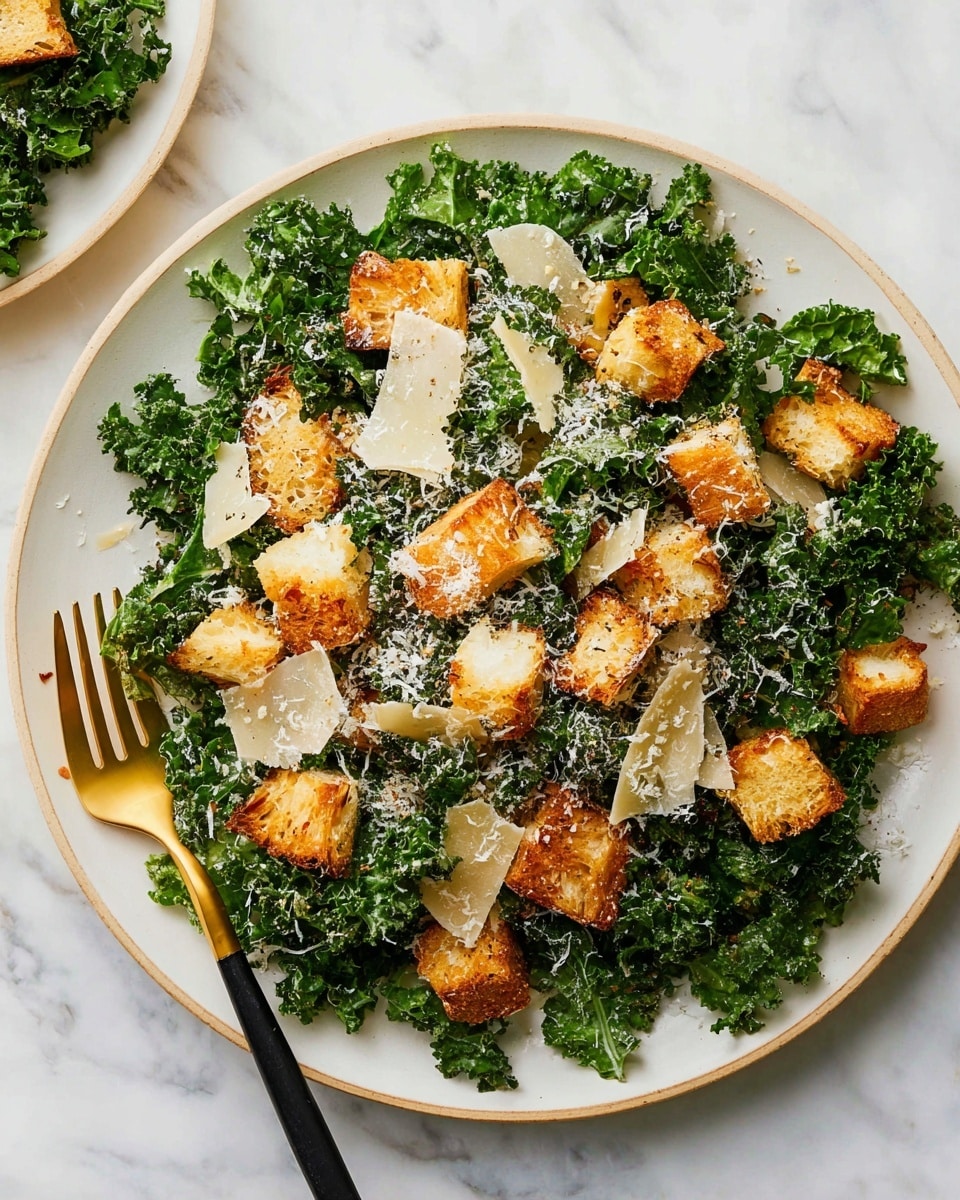 A white plate filled with fresh curly green kale leaves forming the base layer, topped with golden brown, crispy bread cubes scattered evenly over the kale. Light beige, thin shavings of cheese are spread among the bread pieces and kale, adding texture variety. A light dusting of finely grated cheese is sprinkled all over the salad, giving it a delicate, snowy look. The plate sits on a white marbled surface, and there is a gold and black fork placed at the lower left side of the plate. Photo taken with an iphone --ar 4:5 --v 7