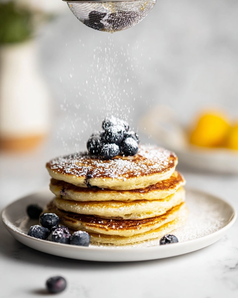 A stack of five golden brown pancakes sits on a white plate, each pancake showing a slightly different shade of light to dark brown on the edges and surface, with soft textures. On top of the stack are several fresh blueberries, dark blue with a matte finish, dusted with white powdered sugar that is falling from a metal strainer above. More blueberries rest against the side of the plate. The background shows a soft focus of a white marbled surface with blurred objects, adding a clean and fresh look. photo taken with an iphone --ar 4:5 --v 7