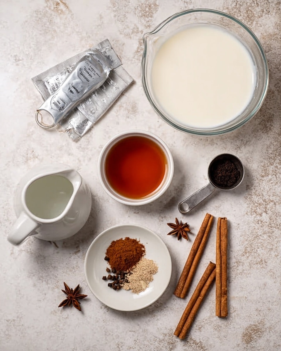 The image shows a top view of several ingredients arranged on a white marbled surface. In the top right, there is a large clear glass bowl filled with creamy white milk. Below it, slightly to the left, is a small white bowl holding a reddish-brown liquid. Near the center bottom, there is a small white plate with a mix of brown spices, including cloves and nutmeg, next to a dark round spice. To the left, there is a white jug filled with clear water. On the right side, a metal measuring spoon holds a small amount of dark brown powder. Two cinnamon sticks lie near the bottom right corner, adding a warm rusty brown color to the scene. A single star anise is also visible near the middle top part of the image. The photo taken with an iphone --ar 4:5 --v 7