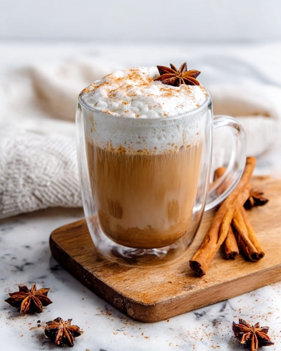 The image shows a clear glass mug filled with a creamy light brown drink topped with a thick layer of white foam. The foam has a sprinkle of cinnamon powder and a single star anise placed on top as decoration. The mug is on a wooden board with several cinnamon sticks lying next to it, and extra star anise scattered around. In the background, there is a white cloth resting on a white marbled surface. The overall look is warm and cozy. Photo taken with an iphone --ar 4:5 --v 7