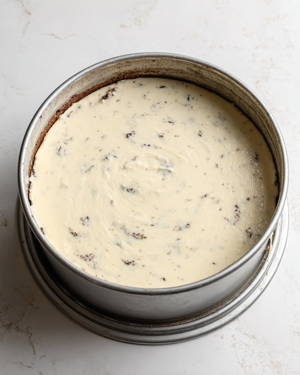 A close-up view of a round cake pan with a single layer of light cream batter spread evenly inside, showing small dark brown spots scattered throughout the batter, giving a speckled texture. The pan is silver metal with a slightly worn surface and sits on a matching round metal base, all set against a white marbled textured surface. The batter layer is smooth on top with visible minor swirls and unevenness. photo taken with an iphone --ar 4:5 --v 7