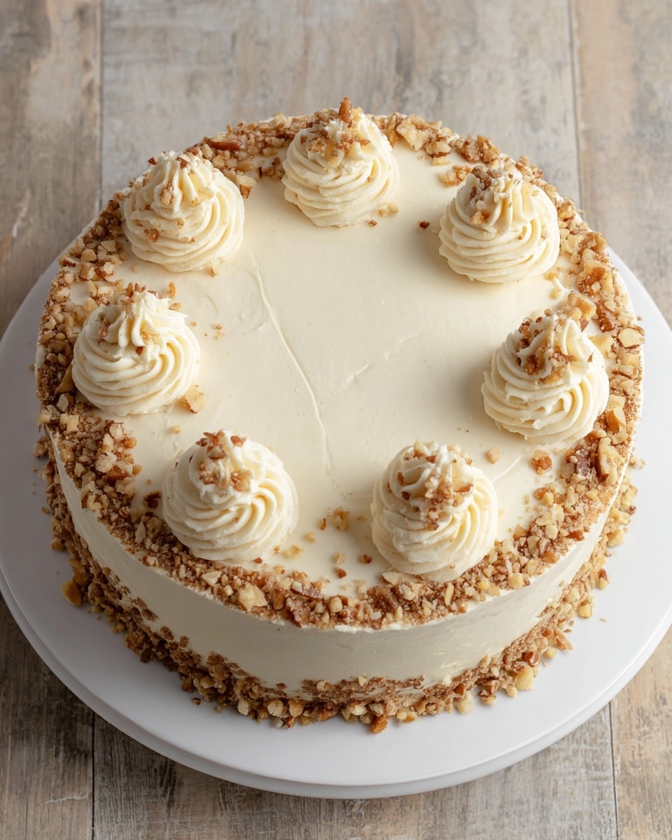 A round cake with a smooth light cream color frosting covering the entire top and sides. Five swirled cream dollops are evenly spaced on top, each sitting on a small bed of chopped light brown nuts. The edge of the cake is decorated with a ring of chopped nuts pressed into the frosting. The cake sits on a white plate, placed on a white marbled textured surface. photo taken with an iphone --ar 4:5 --v 7