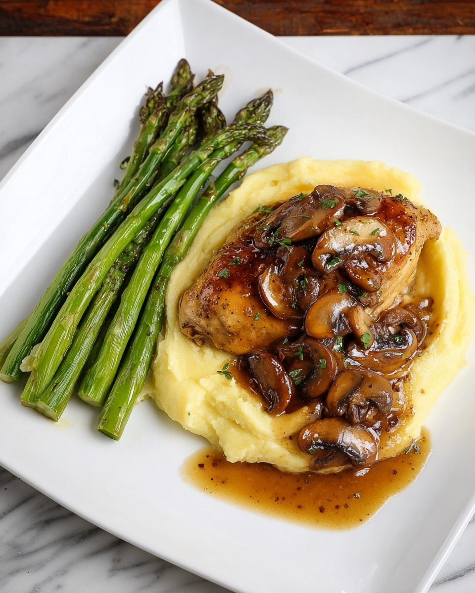 A round black pan with silver handles holds two cooked light brown chicken pieces in the center, each with a shiny glaze and light seasoning on top. Surrounding the chicken in the pan is a dark brown sauce mixed with sliced mushrooms and small orange carrot chunks, with herbs sprinkled throughout the sauce. The pan sits on a wooden surface, but in the description, the background is a white marbled texture photo taken with an iphone --ar 4:5 --v 7