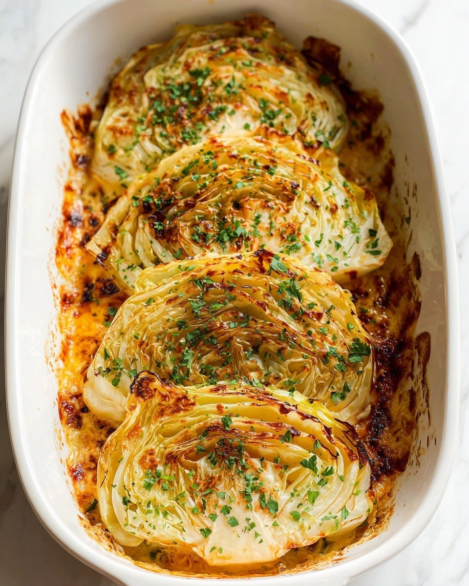 The image shows close-up of roasted cabbage slices with three visible layers. The cabbage leaves are light cream to pale yellow with some edges browned and slightly crispy. The cabbage has a soft texture with a few grill marks and charred spots on the edges. The surface is sprinkled with chopped fresh green herbs and black pepper, adding small bright green and dark specks over the light cabbage layers. The background is a white marbled texture. photo taken with an iphone --ar 4:5 --v 7