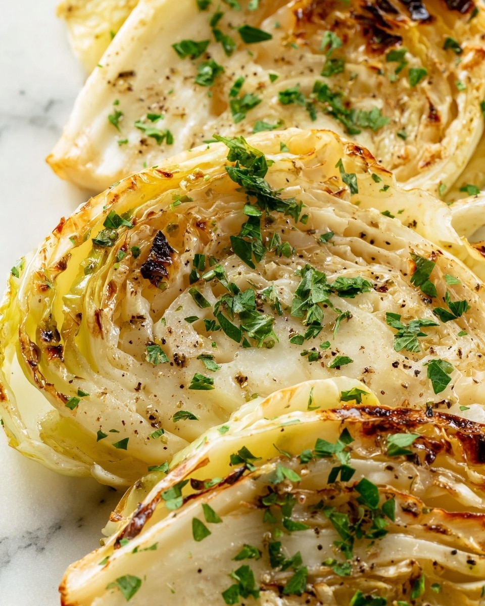 The image shows four thick layers of roasted cabbage wedges in a white baking dish, each wedge lightly browned and caramelized around the edges. The cabbage layers have soft, creamy textures with grilled marks in yellow and golden shades, topped with chopped green herbs scattered evenly to add fresh color. The bottom and sides of the dish show melted cheese or sauce in light orange and brown tones, creating a rich base around the cabbage. The white marbled surface under the dish adds an elegant and clean look. photo taken with an iphone --ar 4:5 --v 7