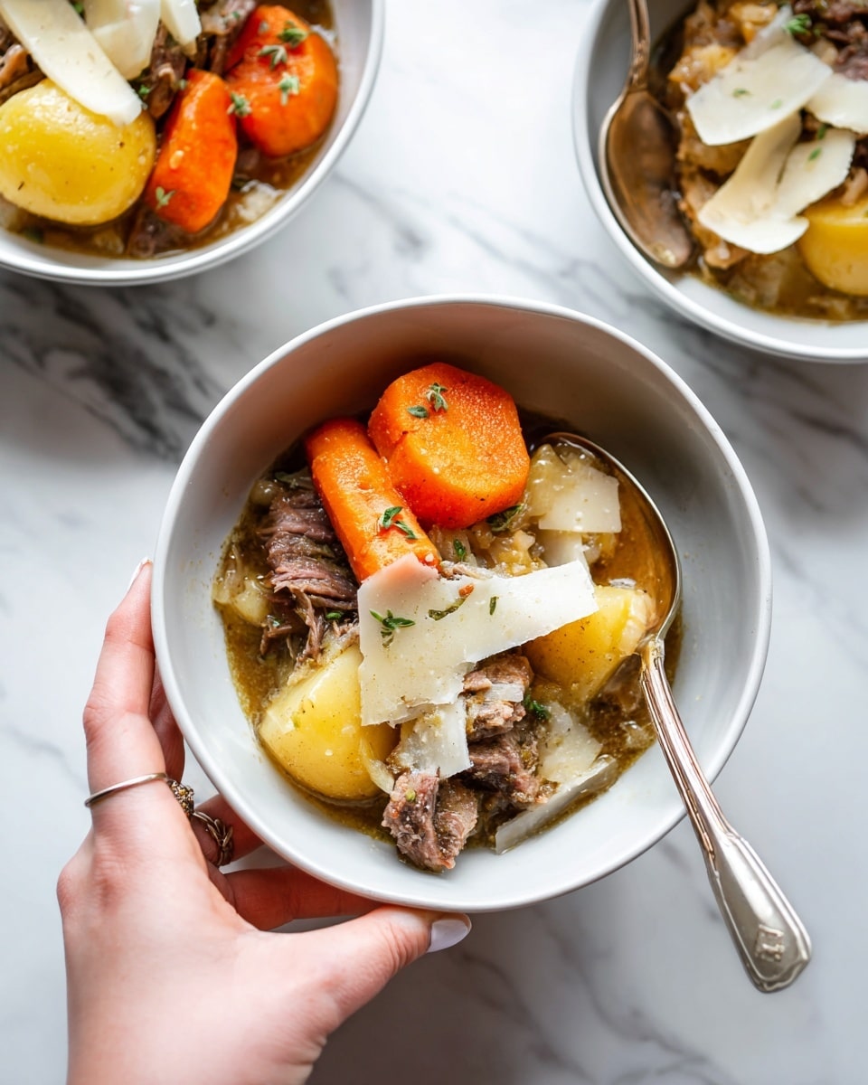 A white bowl filled with a layered stew featuring large chunks of soft yellow potatoes and orange carrots at the bottom, tender pieces of dark brown cooked meat scattered on top, and flat, thin slices of pale yellow cheese laid over the meat. Tiny green herb leaves are sprinkled throughout the dish, adding small hints of green. The bowl rests on a surface with a white marbled texture. photo taken with an iphone --ar 4:5 --v 7