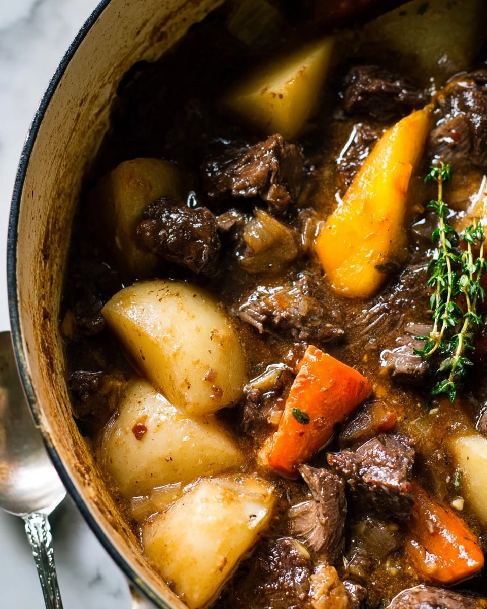 A close-up image of a cooked stew showing multiple layers: the bottom layer has a rich, thick brown sauce with visible herbs and small onion pieces, above that large chunks of light beige potatoes with a soft, smooth texture are mixed with dark brown, tender beef pieces having a slightly rough texture; scattered among them are bright orange carrot pieces and a larger, vibrant yellow carrot section, creating pops of color; a small sprig of fresh green thyme rests on the right side. The stew is contained in a white pot, and a silver spoon is partially seen in the lower left corner, all set against a white marbled surface. Photo taken with an iphone --ar 4:5 --v 7