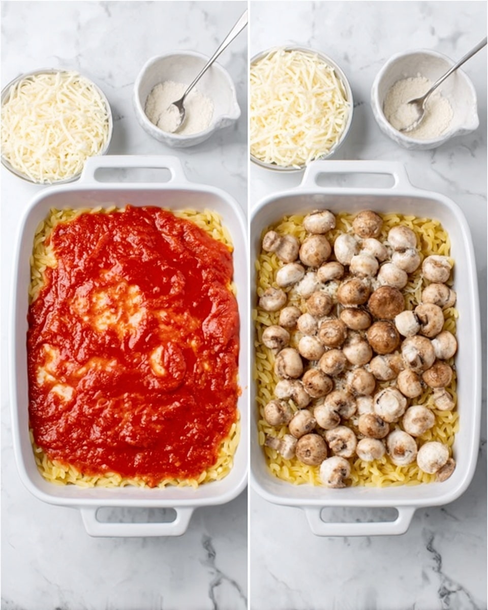 A white rectangular baking dish filled with a yellow pasta layer at the bottom, topped with a thick layer of red tomato sauce spread over about half of the pasta, next to clusters of whole small round mushrooms piled evenly on the other half. Above the baking dish to the top right, there is a white bowl filled with shredded white cheese, and to the top left, a white small bowl with white powder and a spoon inside. The scene is set on a white marbled textured surface. photo taken with an iphone --ar 4:5 --v 7