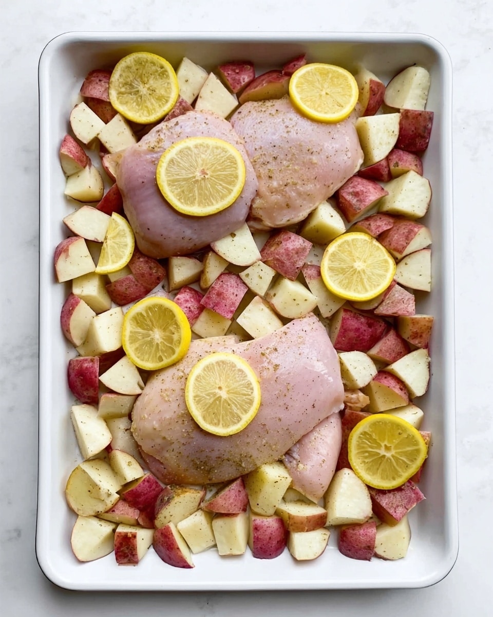 The image shows a white baking tray filled with two large raw chicken pieces topped with thin lemon slices. Around the chicken, there are many small pieces of red potato and white potato, all chopped into bite-size chunks. The chicken looks smooth and pink, while the potatoes have a firm texture and lighter colors. The tray sits on a white marbled surface. The overall look is clean and fresh, ready to be cooked. photo taken with an iphone --ar 4:5 --v 7