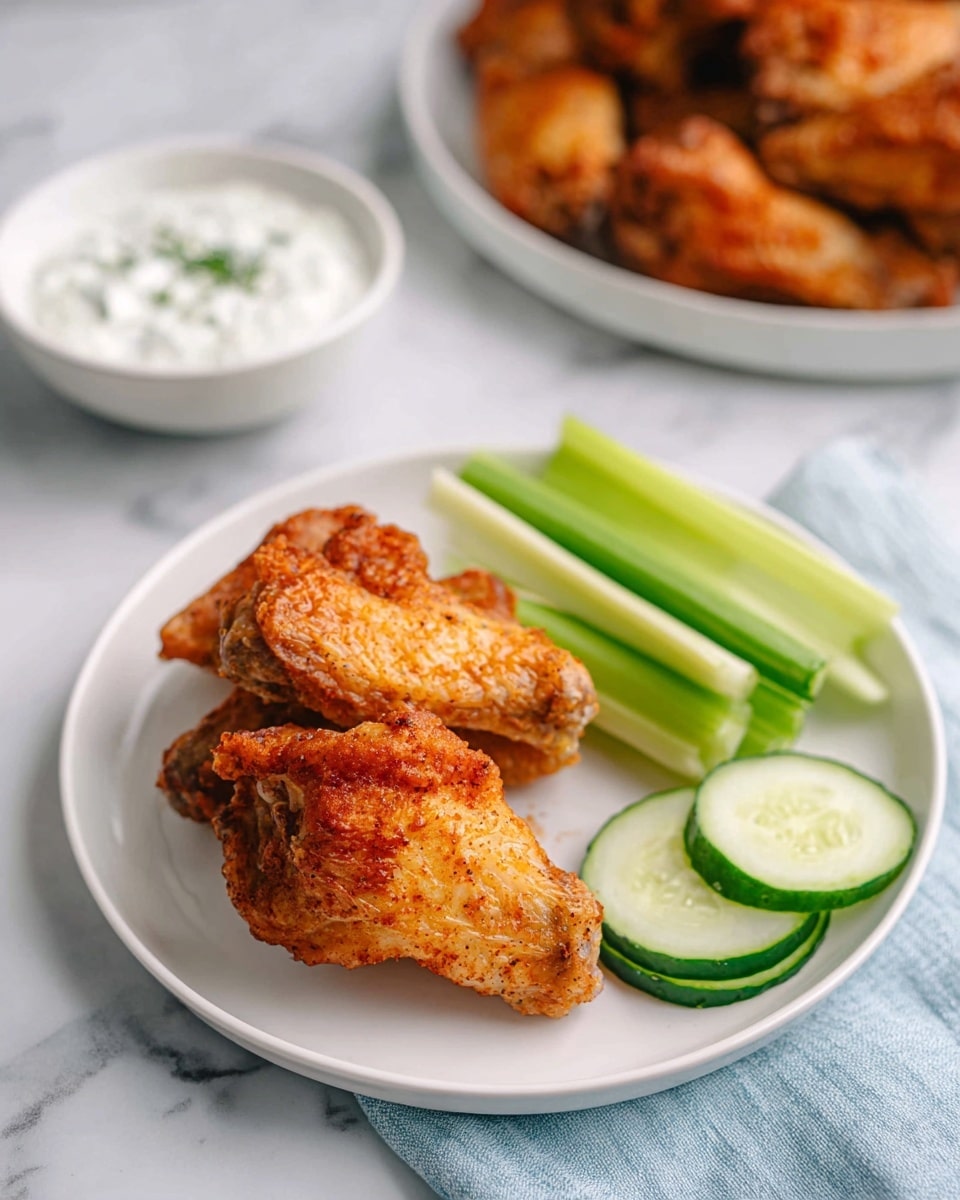 On a white plate, two golden brown crispy chicken wings are placed in the center, showing a textured, slightly seasoned surface with a crispy look. To the right of the wings, three long, bright green celery sticks are neatly arranged in a row. In front of the celery, three round cucumber slices with a fresh green color and visible seeds are stacked slightly overlapping. The plate sits on a white marbled surface, with a light blue cloth napkin nearby and a bowl of white creamy dip with herbs in the background, and a larger white plate filled with more chicken wings is softly blurred behind. photo taken with an iphone --ar 4:5 --v 7