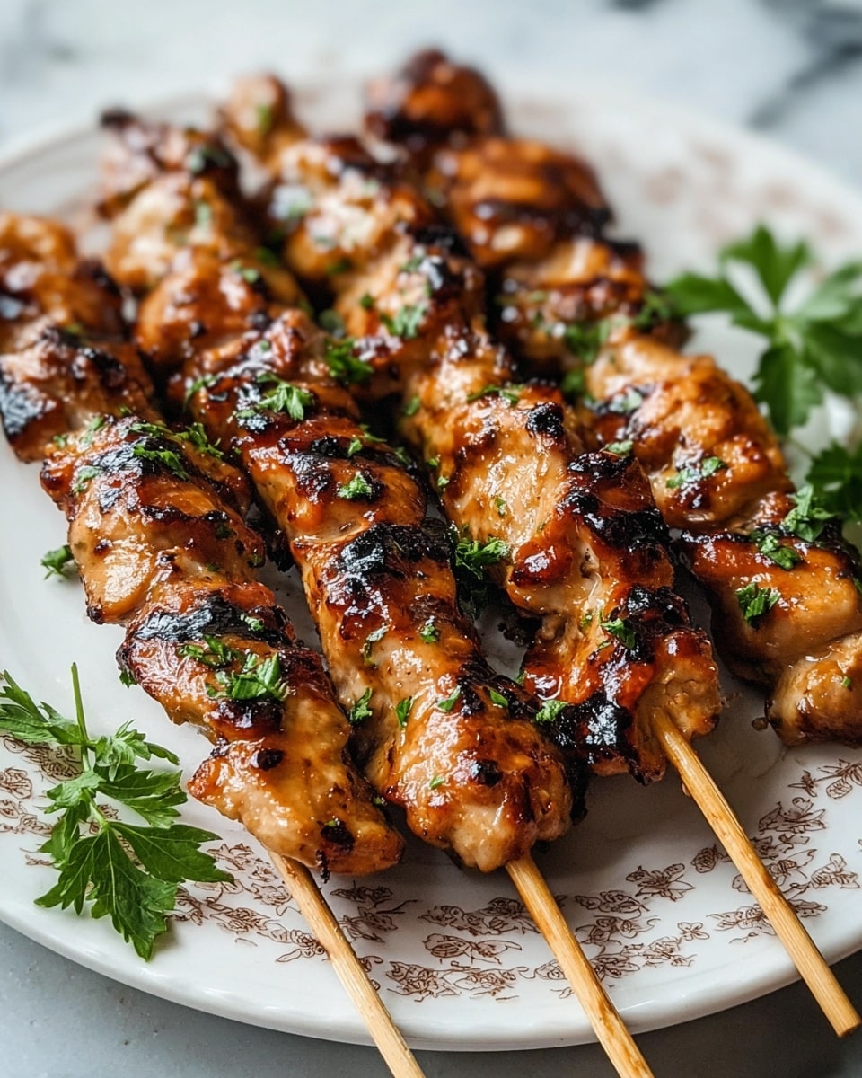 Five wooden skewers with grilled chicken pieces are placed closely together on a white plate with a delicate brown pattern on the edge. The chicken pieces are golden brown with darker grill marks and a shiny glaze, sprinkled with small bits of fresh green herbs. A few sprigs of parsley lie on the plate next to the skewers, and the background features a white marbled texture. photo taken with an iphone --ar 4:5 --v 7