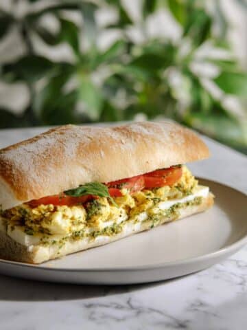 Herb Omelette Breakfast Sandwich with Pistachio Pesto and Fresh Veggies Recipe