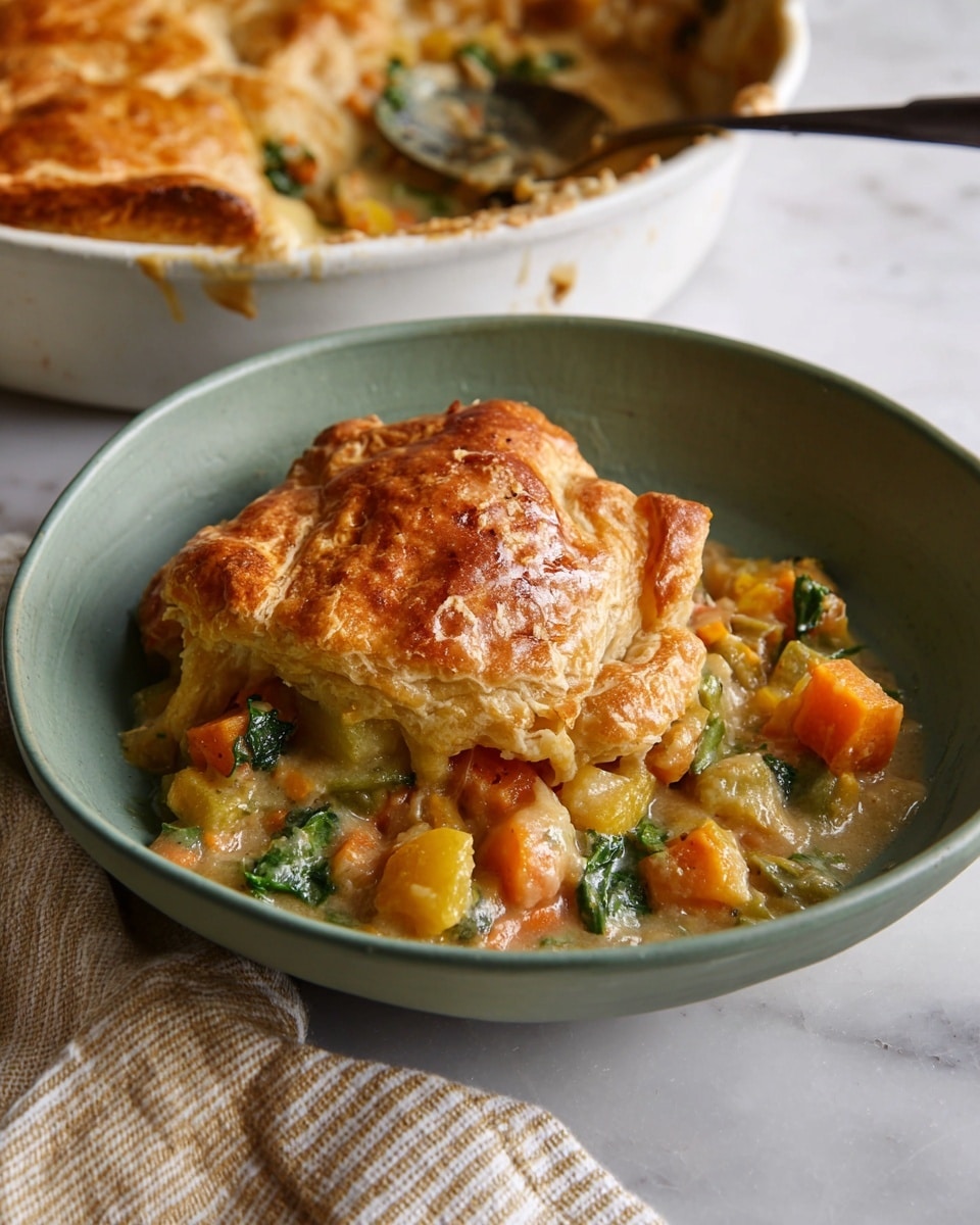A green bowl holds a serving of stew topped with a golden-brown, flaky pastry layer. The stew underneath is made of yellow and orange chunks of cooked vegetables, some green leaves, and white beans, creating a mix of warm colors and soft textures. A black spoon inside the bowl scoops up part of the stew and pastry. In the background, a white bowl with more stew topped with similar golden pastry and a sprig of herbs can be seen, along with a white cloth with soft brown stripes resting on a white marbled surface. photo taken with an iphone --ar 4:5 --v 7