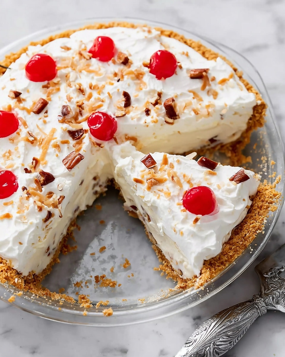 A pie with three visible layers is shown on a clear glass dish. The base layer is a golden-brown crumb crust that looks crunchy. The middle layer is thick and creamy white filling with small nut pieces mixed inside. The top layer is a fluffy white cream decorated with scattered toasted nut pieces and bright red cherries evenly spaced around. One slice is slightly pulled out, showing the layers clearly. The pie is on a white marbled surface with a decorative silver pie server nearby. Photo taken with an iphone --ar 4:5 --v 7