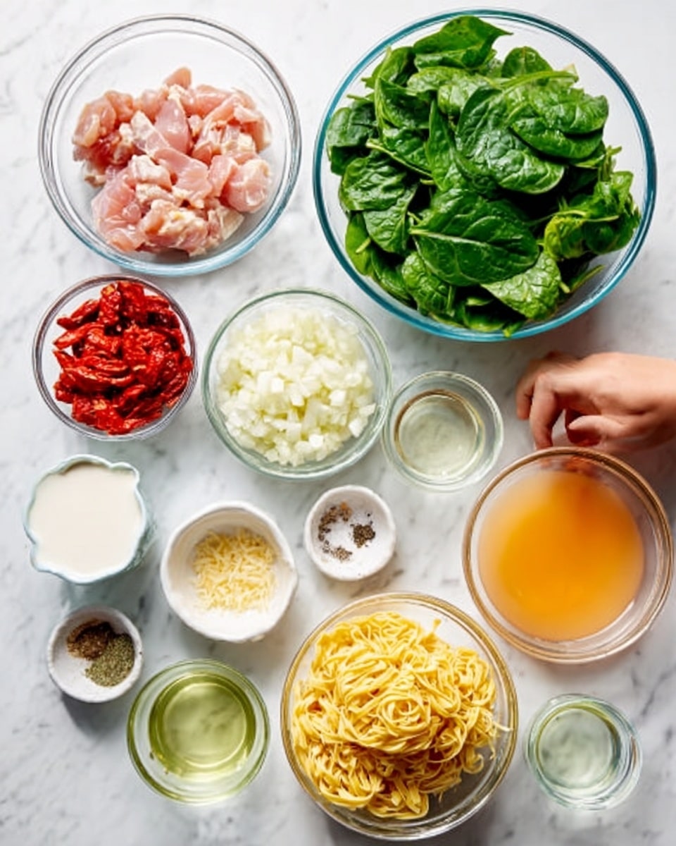 The image shows a white marble surface with 11 clear glass bowls arranged neatly. The largest bowl in the center contains fresh green spinach leaves. To its right, a medium bowl holds orange chicken broth with a smooth texture. Below it, a smaller bowl is filled with chopped white onions. Next to the onions, a bowl contains raw pieces of chicken with a pink color and some yellow fat. On the left side of the spinach, a bowl holds red sun-dried tomatoes. Below that, a bowl filled with uncooked yellow noodles occupies the space. Smaller bowls contain various ingredients including white yogurt, a pale green liquid (likely oil), minced garlic, black pepper, and salt. A woman's hand is gently touching the bowl with yogurt. All the bowls are white and clear glass, set on the white marbled surface. Photo taken with an iphone --ar 4:5 --v 7