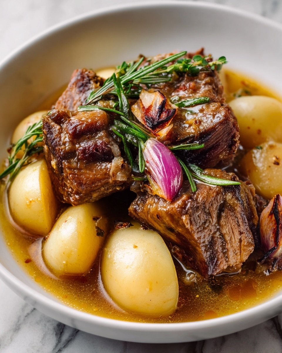 The dish shows one large thick piece of browned meat with a caramelized crust on top, placed slightly angled in a white bowl. Around the meat are three pale yellow pear quarters with smooth texture and a slight red tint on the edges. There are small bits of roasted red onion and sprigs of fresh green rosemary and thyme scattered over and around the meat. The meat sits in a shiny, golden-brown broth that pools at the bottom of the bowl, reflecting light softly. The white bowl is set on a light fabric over a white marbled surface. photo taken with an iphone --ar 4:5 --v 7