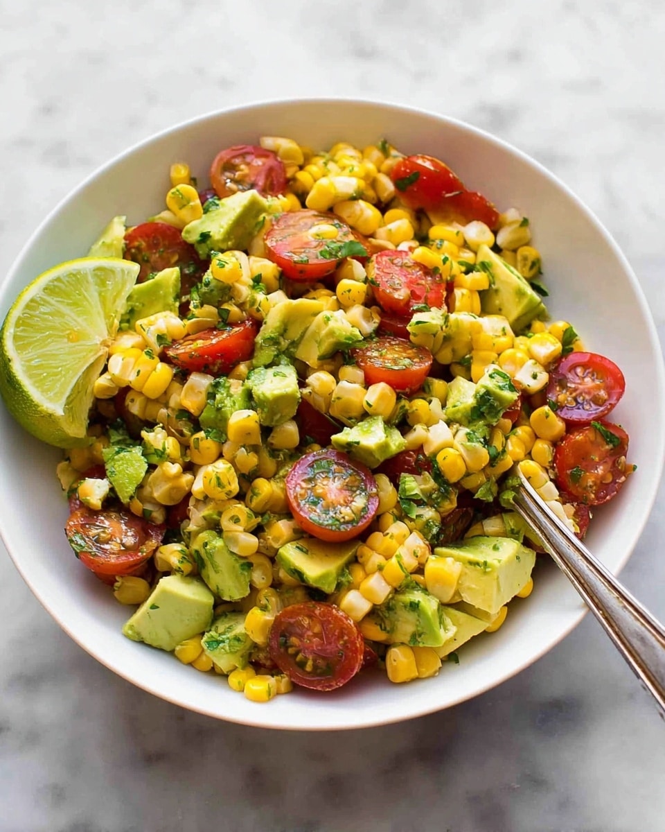 A white bowl filled with bright yellow corn kernels mixed with chunks of green avocado and halved red cherry tomatoes all tossed in a green herb dressing, sitting on a white marbled surface. There is a thin lime slice placed on the side inside the bowl, and a silver spoon resting in the mixture at the back. The colors are fresh and vibrant with a mix of smooth avocado pieces, juicy tomato halves, and small round corn kernels photo taken with an iphone --ar 4:5 --v 7