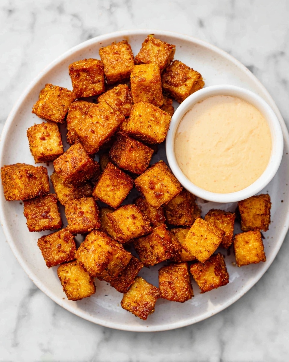 On a white plate on a white marbled surface, there is a pile of small, golden-brown crispy tofu cubes with a slightly rough texture, each cube showing a mix of darker and lighter orange shades indicating a well-seasoned crust. A small white bowl filled with smooth, creamy light beige sauce is placed on the right side of the plate. A shiny gold fork rests on the left side of the plate, its handle extending out. The light highlights the crunchy surface of the tofu cubes and the creamy texture of the sauce, making the dish look warm and inviting. photo taken with an iphone --ar 4:5 --v 7
