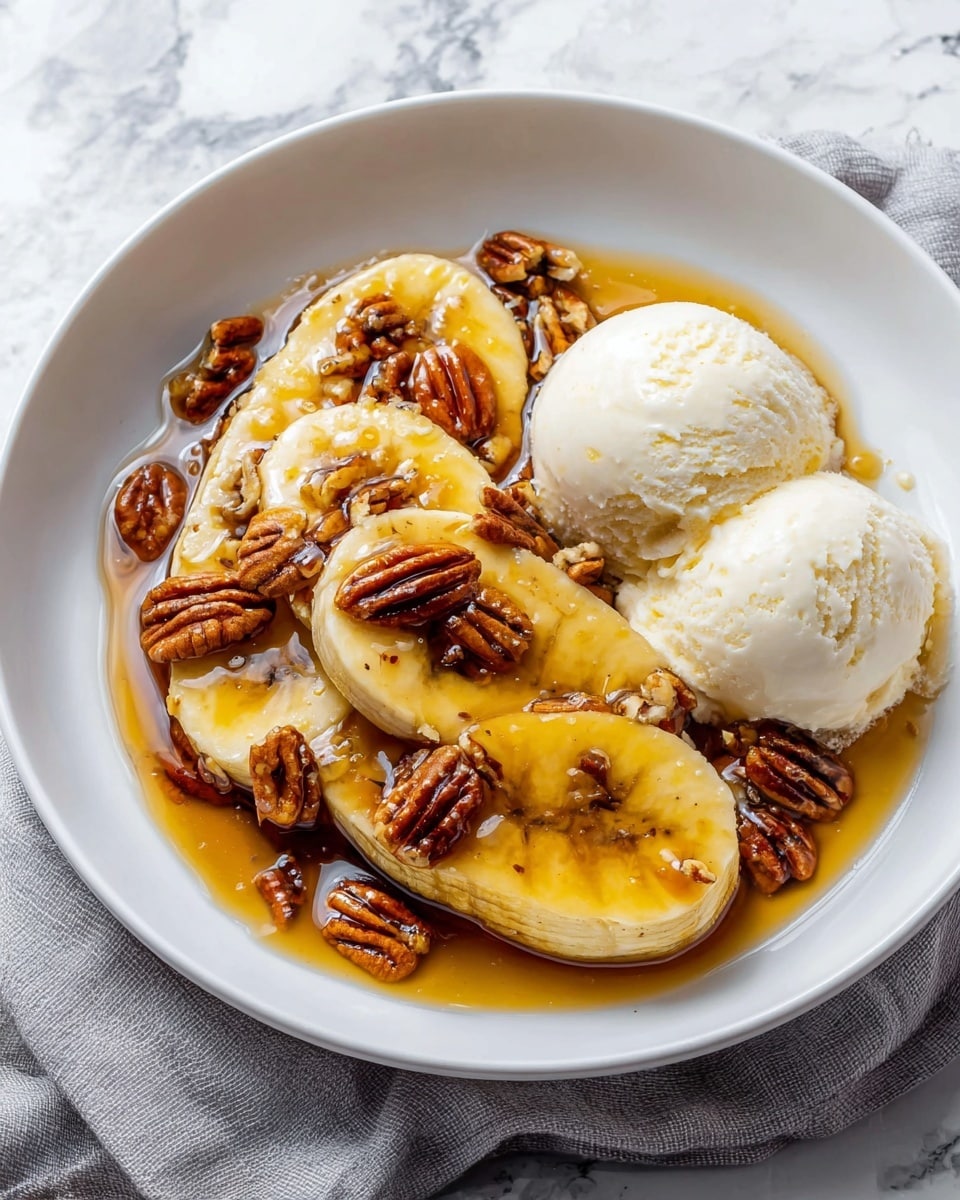 A white bowl holds four thick slices of cooked banana arranged in a loose round shape. The bananas have a soft yellow color with light browning. Pecan nuts, rich brown and textured, are scattered on top and between the banana slices. A thick amber syrup is poured generously over the bananas and pecans, pooling in the bottom of the bowl. On one side of the bowl, two smooth, round scoops of white vanilla ice cream rest on a banana slice, slightly melting. The bowl sits on a white marbled surface with a soft gray cloth beside it. photo taken with an iphone --ar 4:5 --v 7