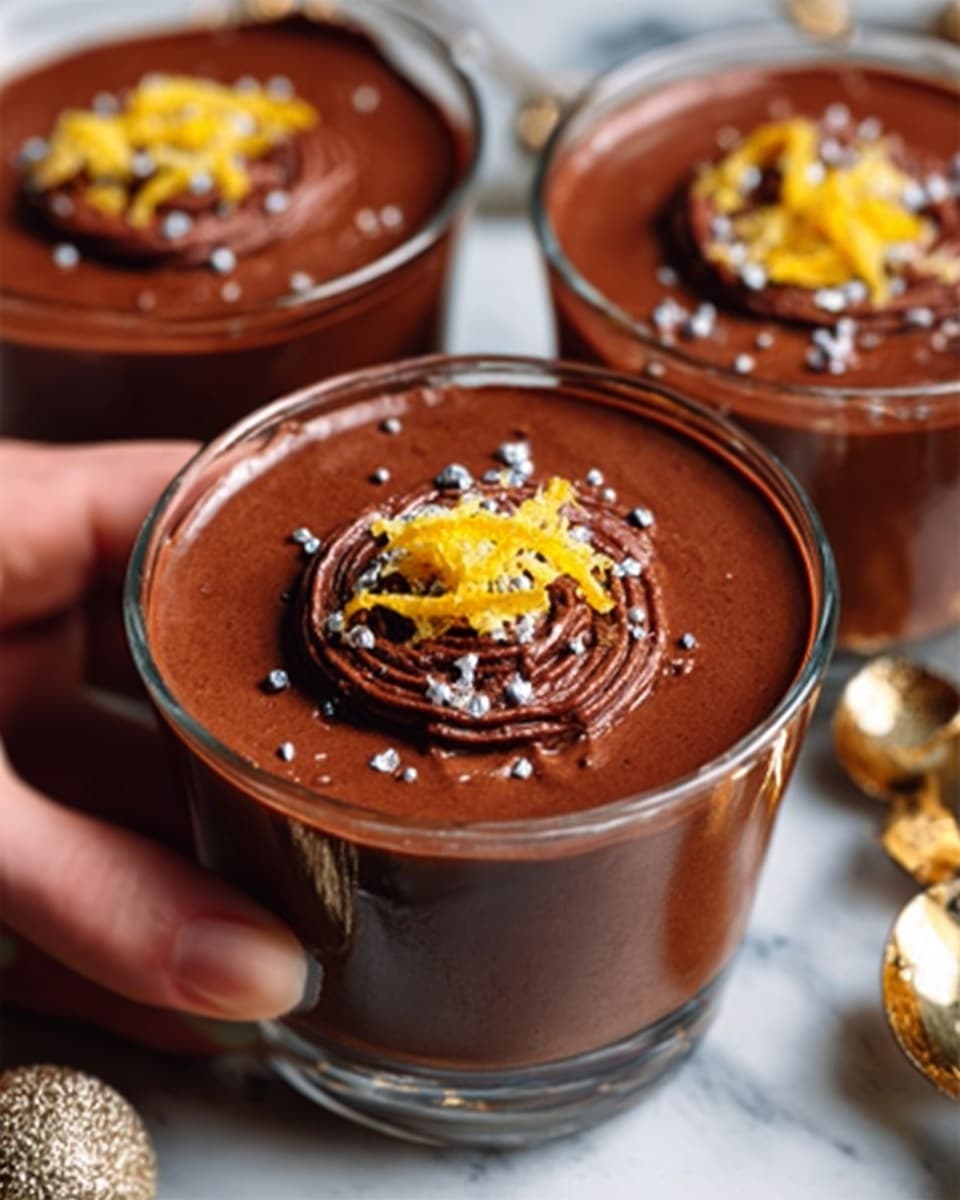 Two clear glass cups hold rich chocolate mousse with a glossy, smooth texture inside. Each cup shows thick, dark brown mousse filling most of the glass. On top of the mousse in the front cup, there is a thin slice of blood orange, deep red with an orange edge, placed flat. Above that, a dollop of white whipped cream with a soft, fluffy texture is crowned with a sprinkle of fine yellow-orange zest. The mousse surface also has a few coarse salt crystals scattered. The background surface is a white marbled texture with light reflecting on the glasses. Photo taken with an iphone --ar 4:5 --v 7