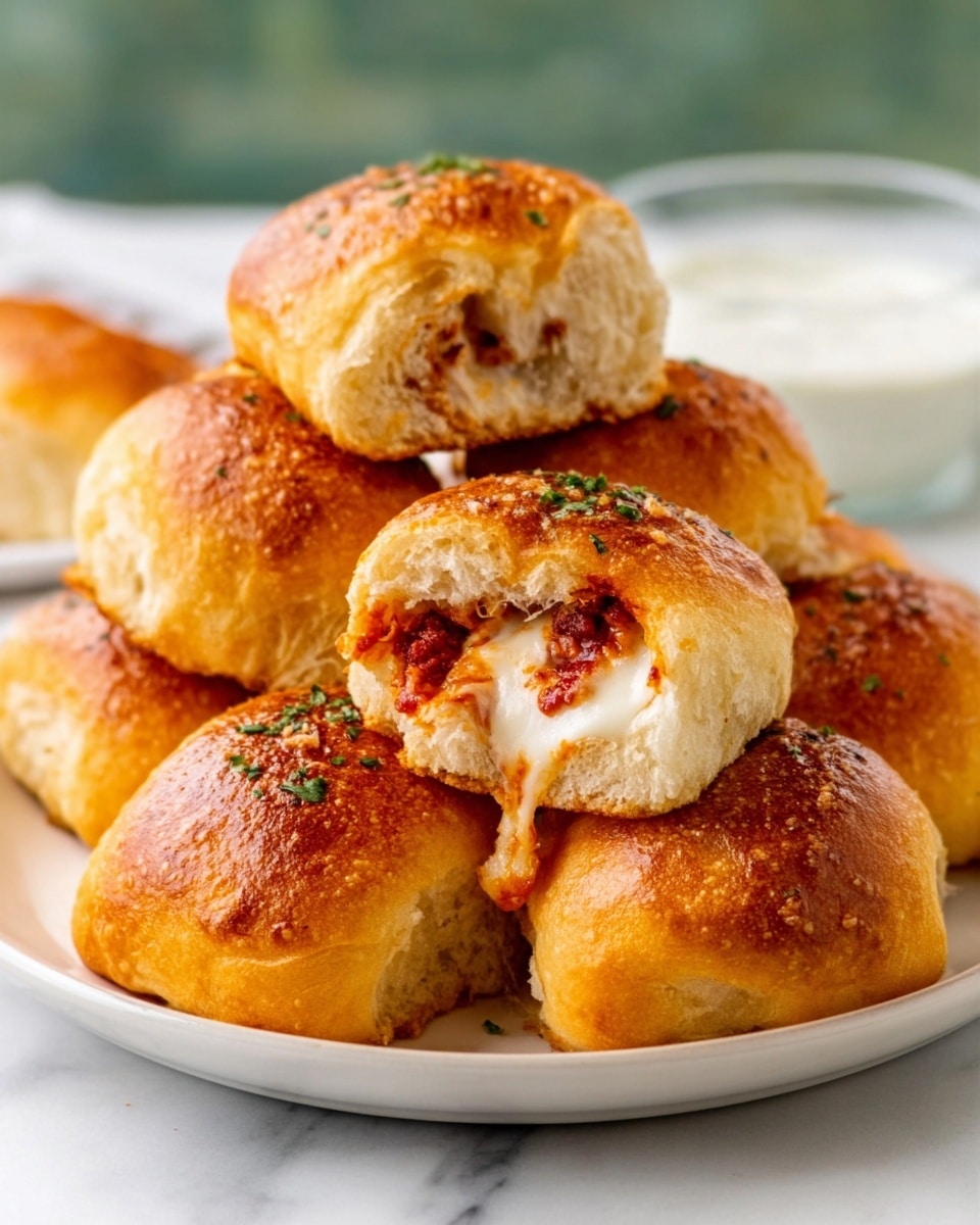 The image shows eight round meatballs arranged on a white marbled surface. Each meatball has a golden-brown color and is topped with red tomato sauce and a sprinkle of green chopped parsley. One meatball in the center front has a bite taken out, revealing a light, textured inside with bits of ingredients. The tomato sauce looks thick and slightly shiny, draping over the meatballs unevenly. Small pieces of parsley are scattered around the meatballs on the surface. Photo taken with an iphone --ar 4:5 --v 7