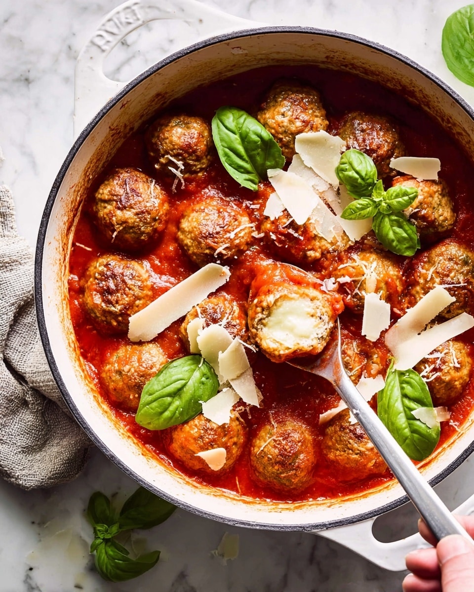 This image shows a white oval pan filled with six golden brown meatballs in thick red tomato sauce. One meatball is open in the center, revealing melted white cheese inside. Fresh green basil leaves are scattered on top, along with thin, wide shavings of pale yellow cheese. A metal spoon is lifting the open meatball, with the cheese stretching slightly. The pan sits on a white marbled surface. photo taken with an iphone --ar 4:5 --v 7