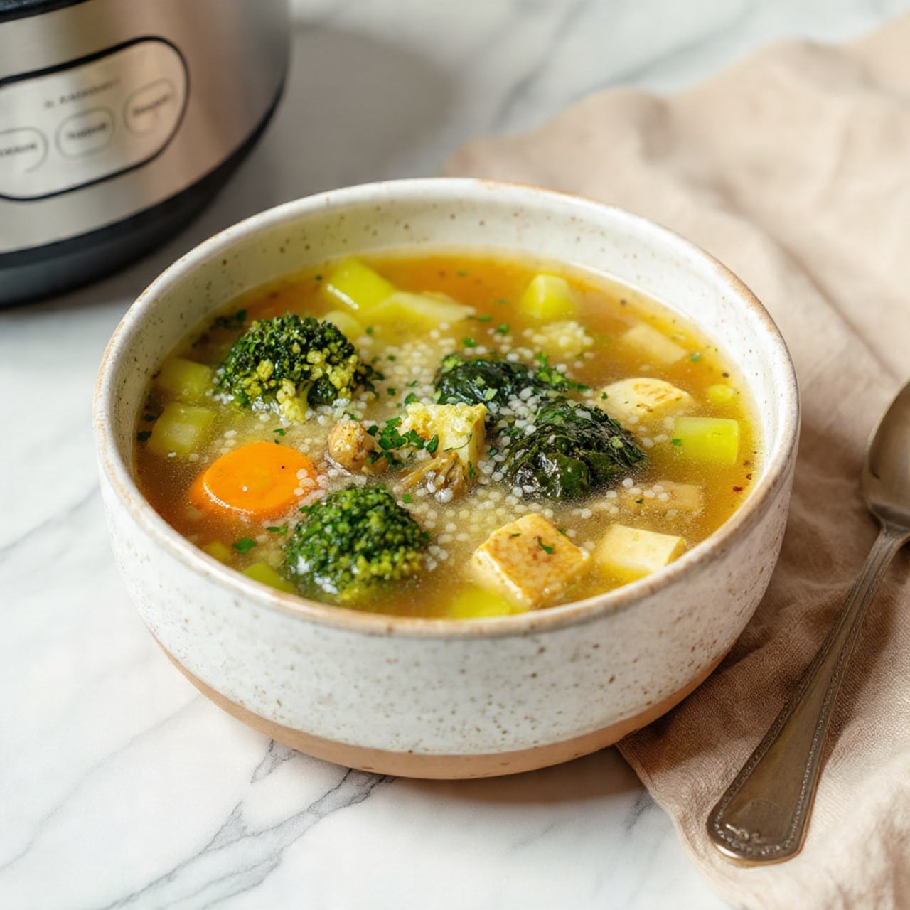 A white bowl filled with a clear broth soup containing several layers of colorful ingredients: bright green broccoli florets, dark green spinach leaves, light green celery slices, small orange carrot cubes, and light brown tofu cubes. There are also small white grains and some chopped green herbs sprinkled on top. The bowl sits on a white marbled surface next to a light cloth and a vintage silver spoon. Part of a stainless steel pot is visible above the bowl. Photo taken with an iphone --ar 4:5 --v 7