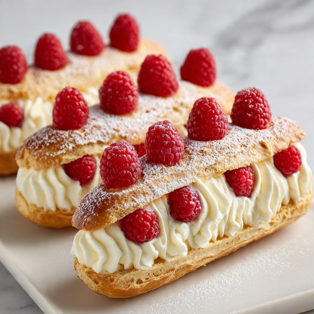 Three long éclairs are shown on a white tray. Each éclair has a golden brown, smooth choux pastry base in a long oval shape. On top of the pastry is a thick layer of white cream arranged in soft swirls. On the cream layer, fresh red raspberries are placed evenly in a row, creating a bright contrast. Light white powdered sugar is sprinkled gently over the top, adding a soft touch. The scene is set against a white marbled surface. Photo taken with an iphone --ar 4:5 --v 7