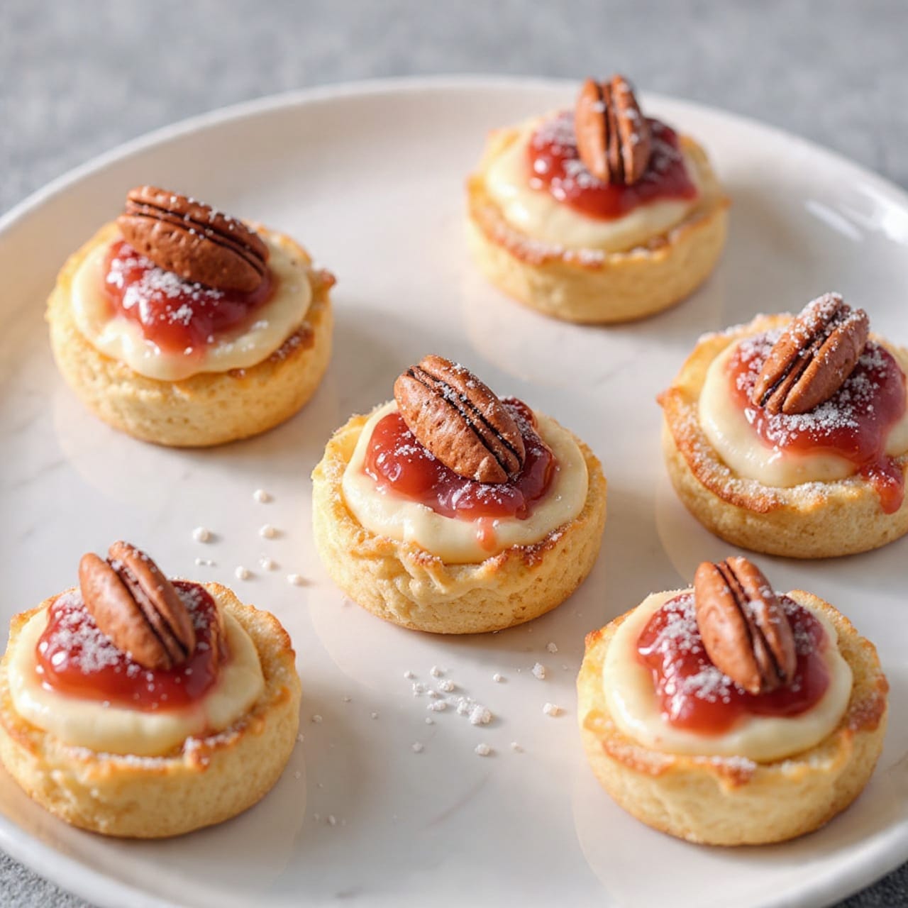Five small golden brown pastries sit on a white plate with a white marbled texture underneath. Each pastry has three visible layers: a light, flaky outer crust with a shiny, slightly crispy texture on top, a thick middle layer of smooth white cream, and a glossy red fruit topping that slightly drips down the side. Each pastry is topped with a single pecan half dusted with powdered sugar, which is also scattered lightly over the pastries and plate. The warm lighting highlights the contrast between the creamy white layer, the deep red fruit, and the toasted pecan on top. photo taken with an iphone --ar 4:5 --v 7