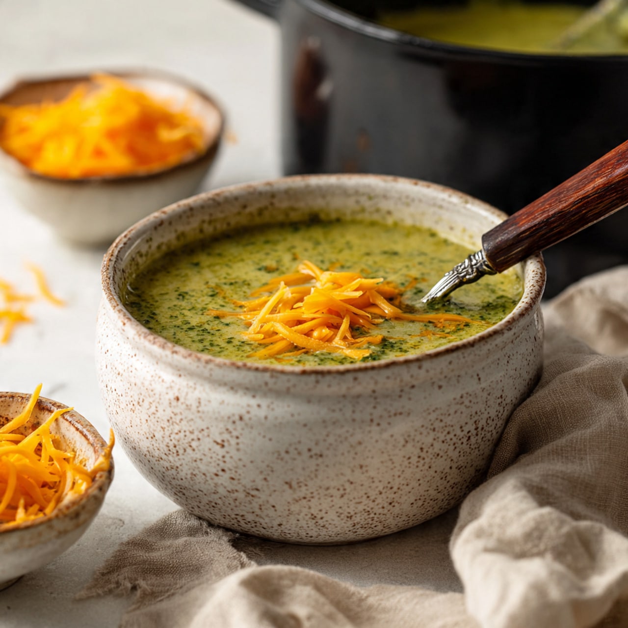A white speckled bowl filled with thick creamy green soup with visible small bits, topped with a generous layer of bright orange shredded cheese scattered on top. A spoon with a dark brown wooden handle is partially placed inside the soup on the right side. In the background, a black pot holds more of the same soup, and a smaller white speckled bowl filled with shredded orange cheese sits nearby. The setup rests on a crumpled white surface with a beige cloth to the right. The photo is taken with an iphone --ar 4:5 --v 7