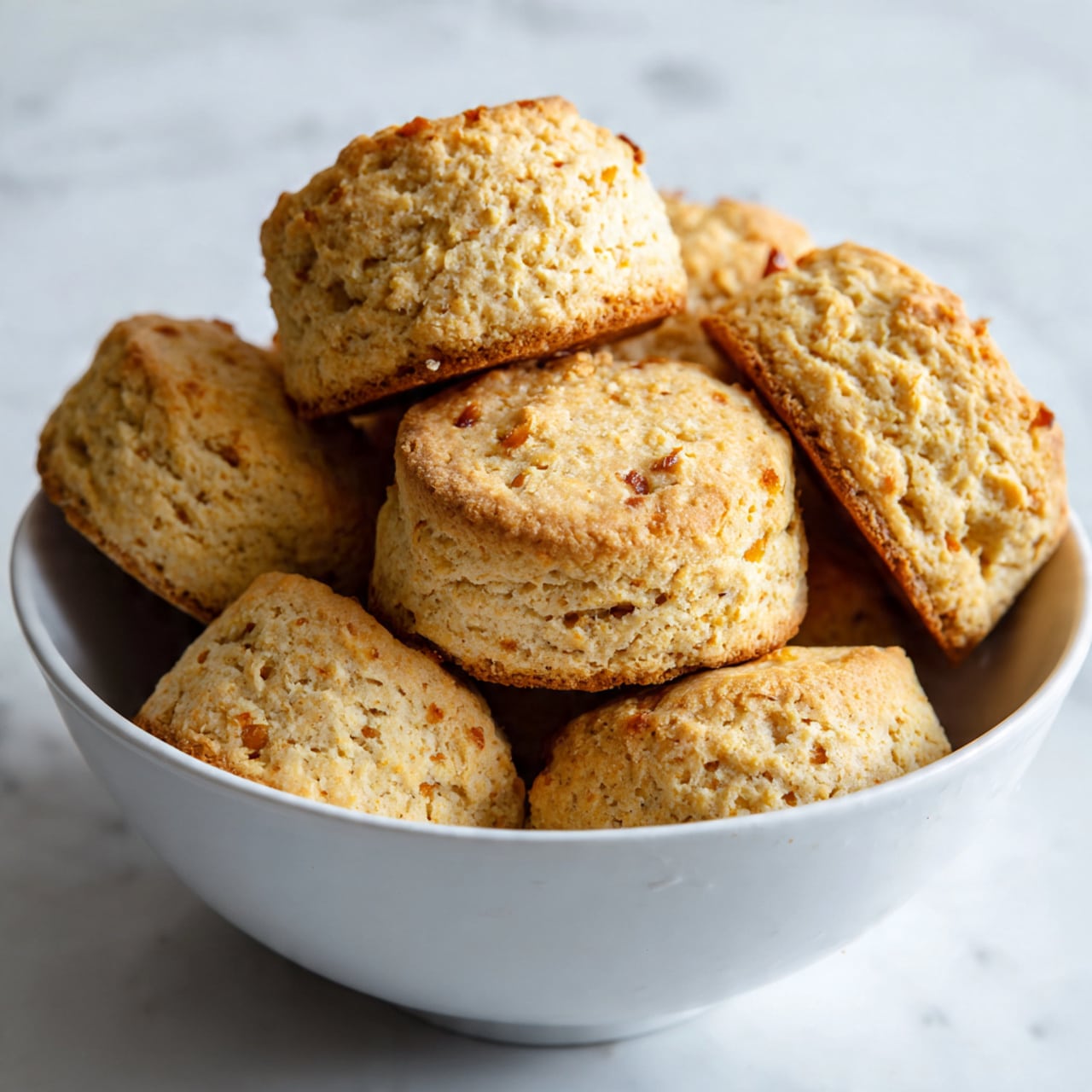The image shows a wooden bowl filled with round, light beige cookies that have small orange bits scattered throughout. The cookies are stacked in two uneven layers, some overlapping each other, with a rough, slightly crumbly texture visible on their surfaces. The background includes a soft fabric beneath the bowl and a white marbled surface. Sunlight casts gentle shadows across the cookies, adding warmth to the scene. photo taken with an iphone --ar 4:5 --v 7