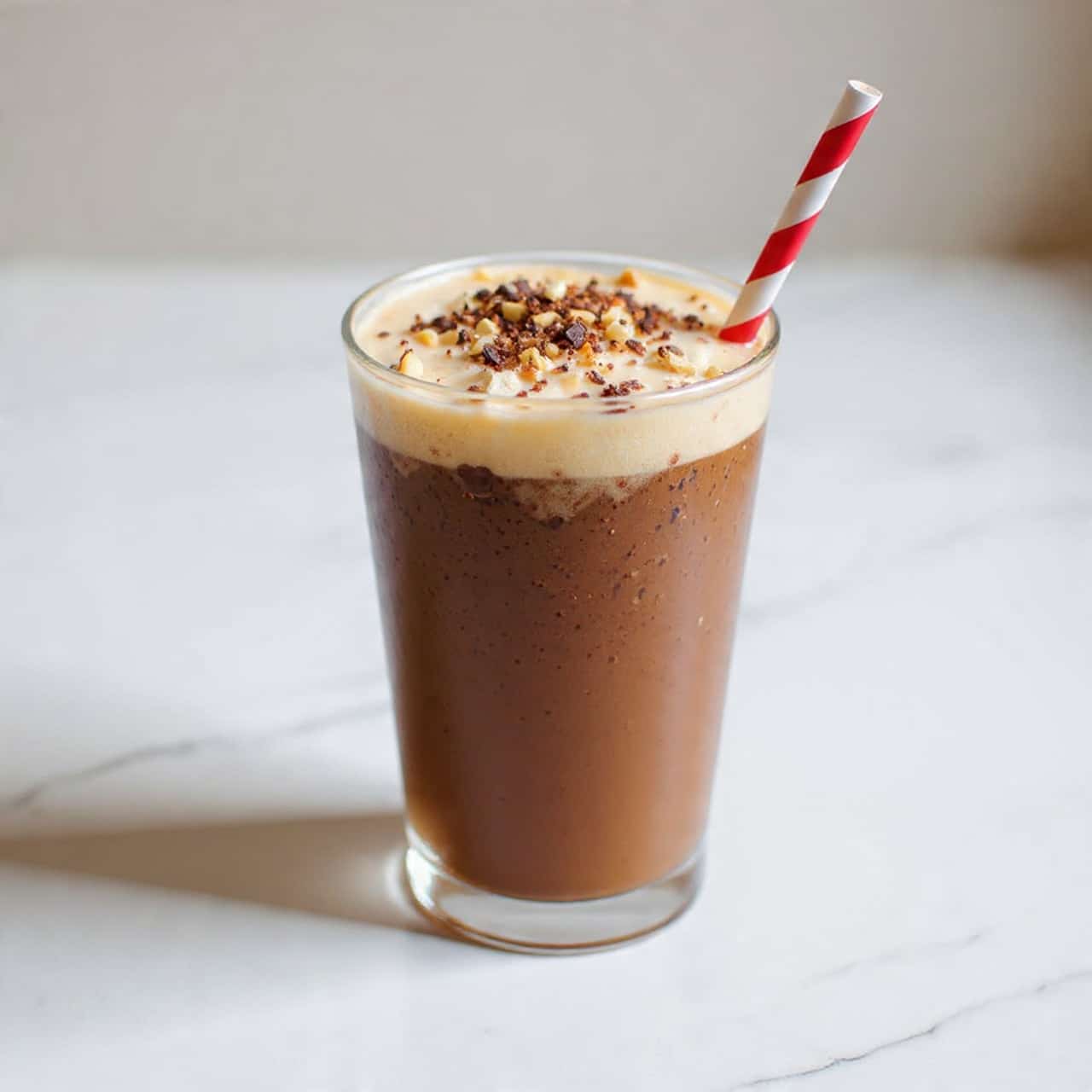 A tall clear glass filled with a thick chocolate milkshake showing a deep brown color with tiny bubbles on the surface. On top, there is a layer of light brown chocolate foam, sprinkled with small pieces of chopped nuts and grated chocolate shavings. A red and white striped straw is placed on the right side, leaning slightly outward. The glass sits on a white marbled surface with soft natural light in the background. photo taken with an iphone --ar 4:5 --v 7